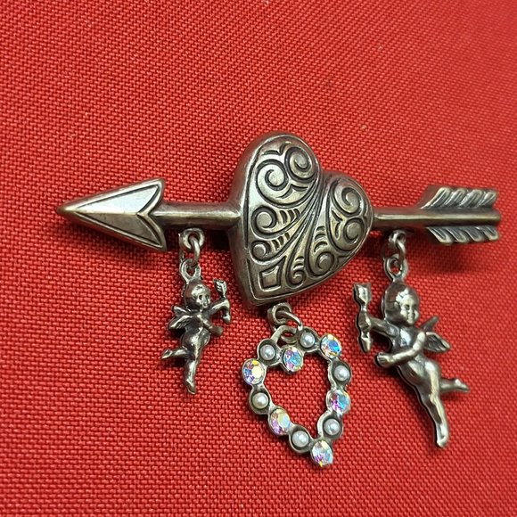 VTG Pin Brooch Arrow Through the Heart Hanging Angels - Picture 6 of 11